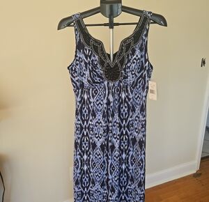 Sleeveless Blue Patterned Maxi Dress with Embellished Neckline